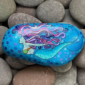 Hand Painted Mandala Mermaid Stone - Unique - Painted Stones - Decorative - Gifts - Dot Art - Painted Rock - Under The Sea