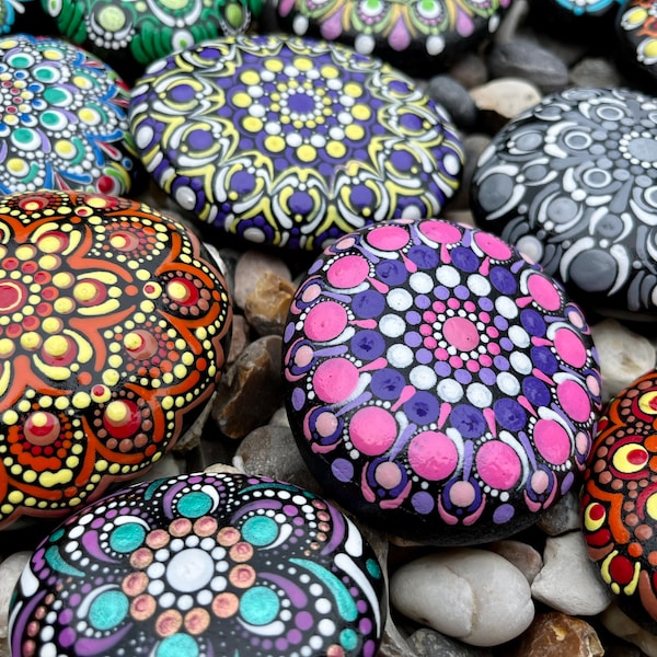 Custom Hand Painted Mandala Stone - Polka Dot - Unique - Painted Stones - Decorative - Natural Stone - Home - Gifts - Dot Art - Garden Rock