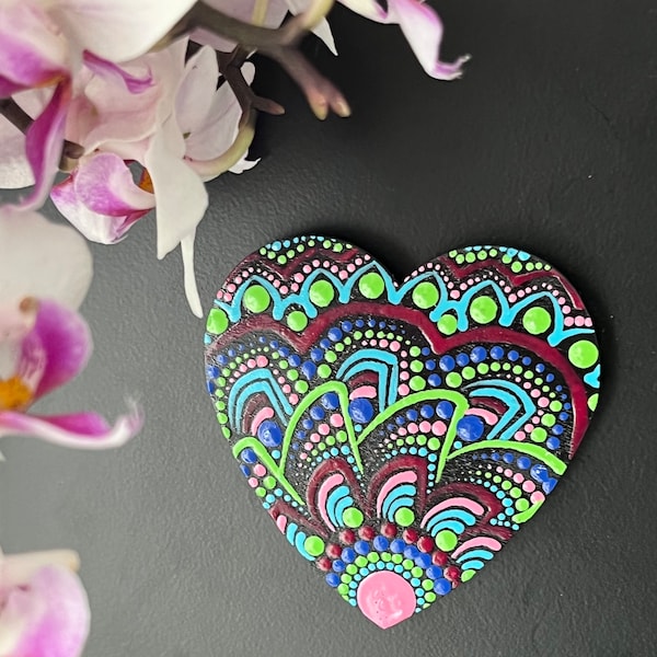 Hand Painted Mandala Heart Magnet - Refrigerator Magnet - Fridge Magnet - Kitchen Decor - Dot Art - Polka Dot - Mandala - Gift - Memo Board