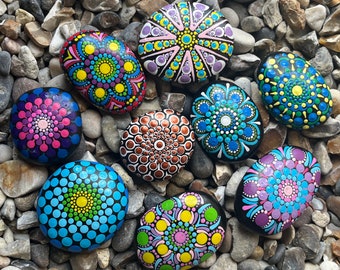 Hand Painted Mandala Stone - Unique - Painted Stones - Decorative - Pocket Pebble - Dot Art - Garden Rock - Polka Dot - Painted Pebble