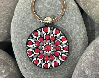 Hand Painted Mandala Keychain - Wooden Keyring - Hand Made - Unique - Painted Stones - Decorative - Gifts - Dot Art - One Off - Chakra