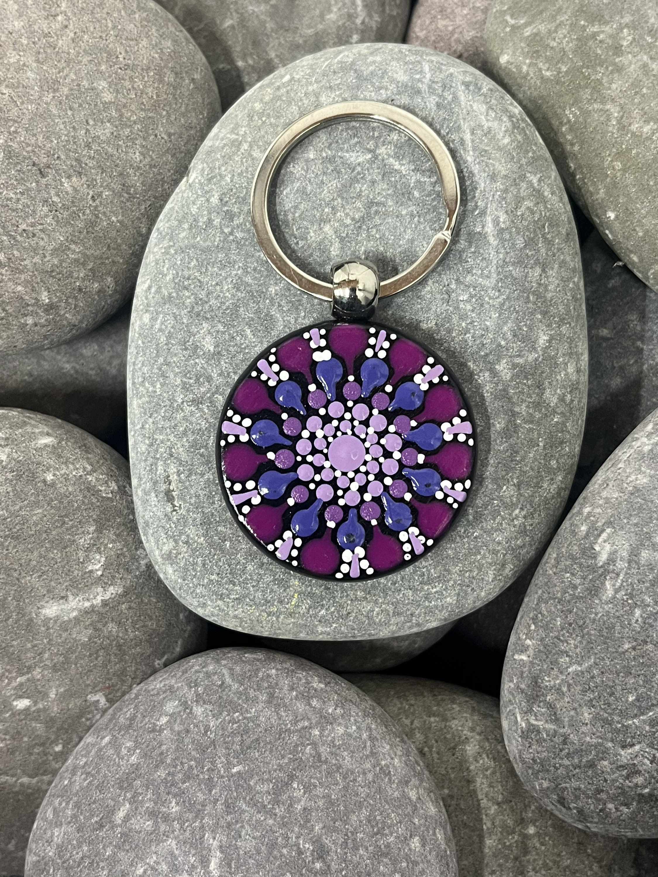 Hand Painted Mandala Keychain - Wooden Keyring - Hand Made - Unique - Painted Stones - Decorative - Gifts - Dot Art - One Off - Chakra