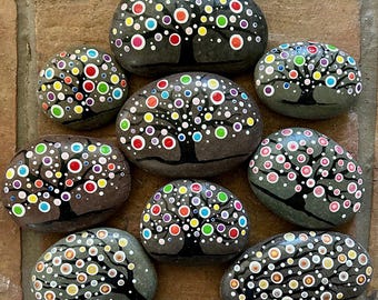 Unique Hand Painted Tree of Life Stone - Painted Stones - Pocket Pebble - Dot Art - Garden Rock  Polka Dot - Painted Pebble - Mandala - Gift
