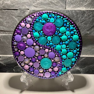 Medium Hand Painted Polka Dot Yin Yang Disc - Meditation Stone - Hand Made - Mandala - Unique - Painted Stones - Decorative - Gift - Dot Art