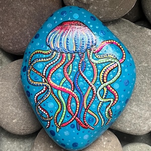 Hand Painted Mandala Jellyfish Stone - Unique - Painted Stones - Decorative - Ornament - Gifts - Dot Art - Garden Rock - Under The Sea