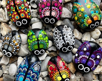 Hand Painted Mandala Ladybug Stone - Painted Stones - Ladybird - Pocket Pebble - Dot Art - Garden Rock - Polka Dot - Painted Pebble
