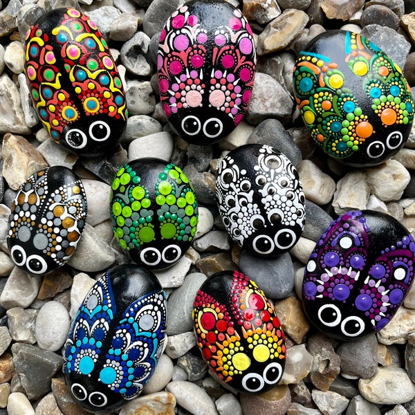 Hand Painted Mandala Ladybug Stone – Dot Art Garden Rock