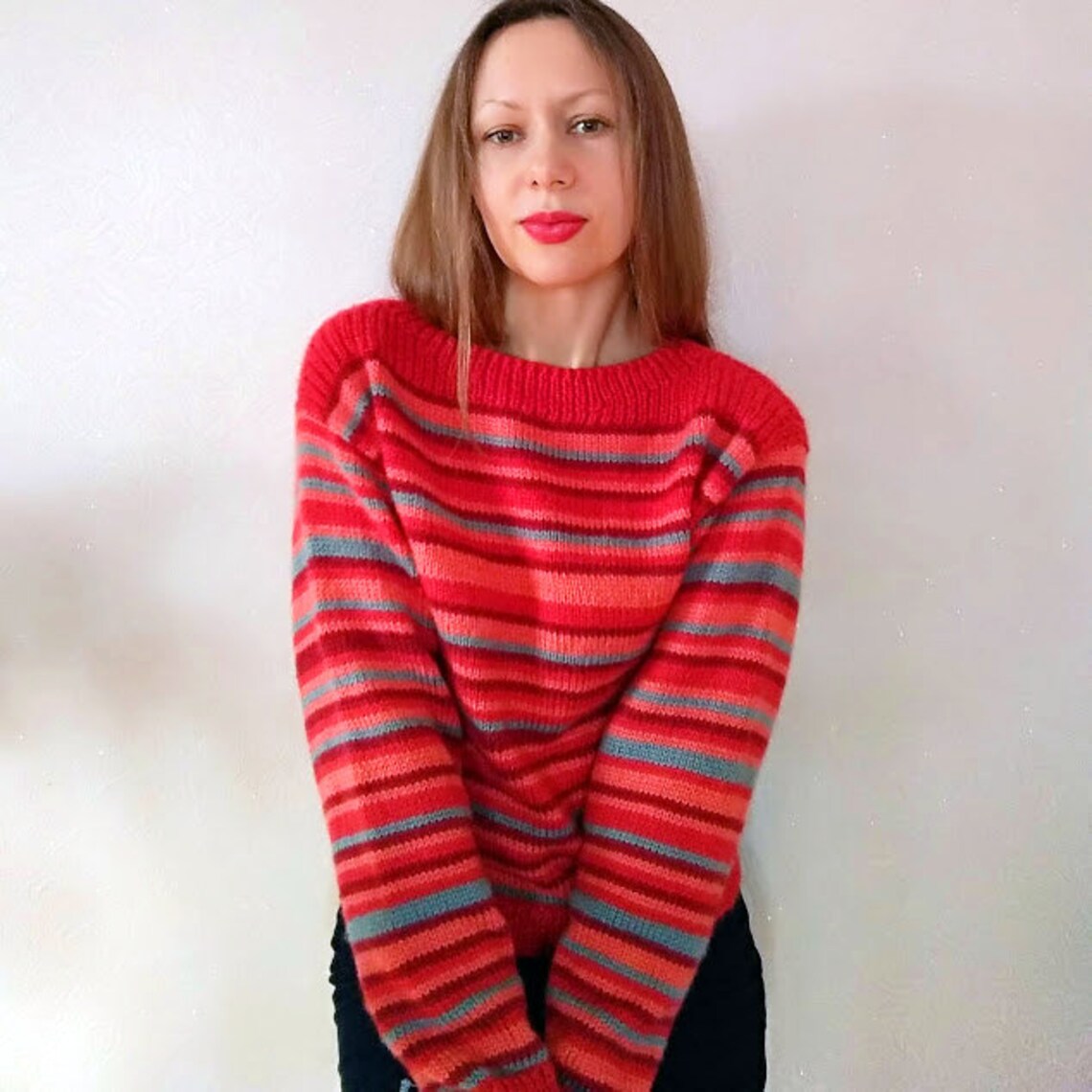Very soft red striped wool jumper for women. | Etsy