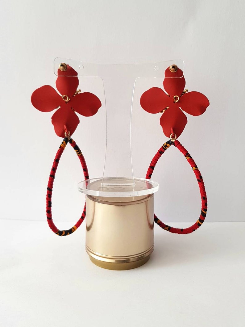 Wrapped African ankara fabric fashion statement flower petal dangle earrings
