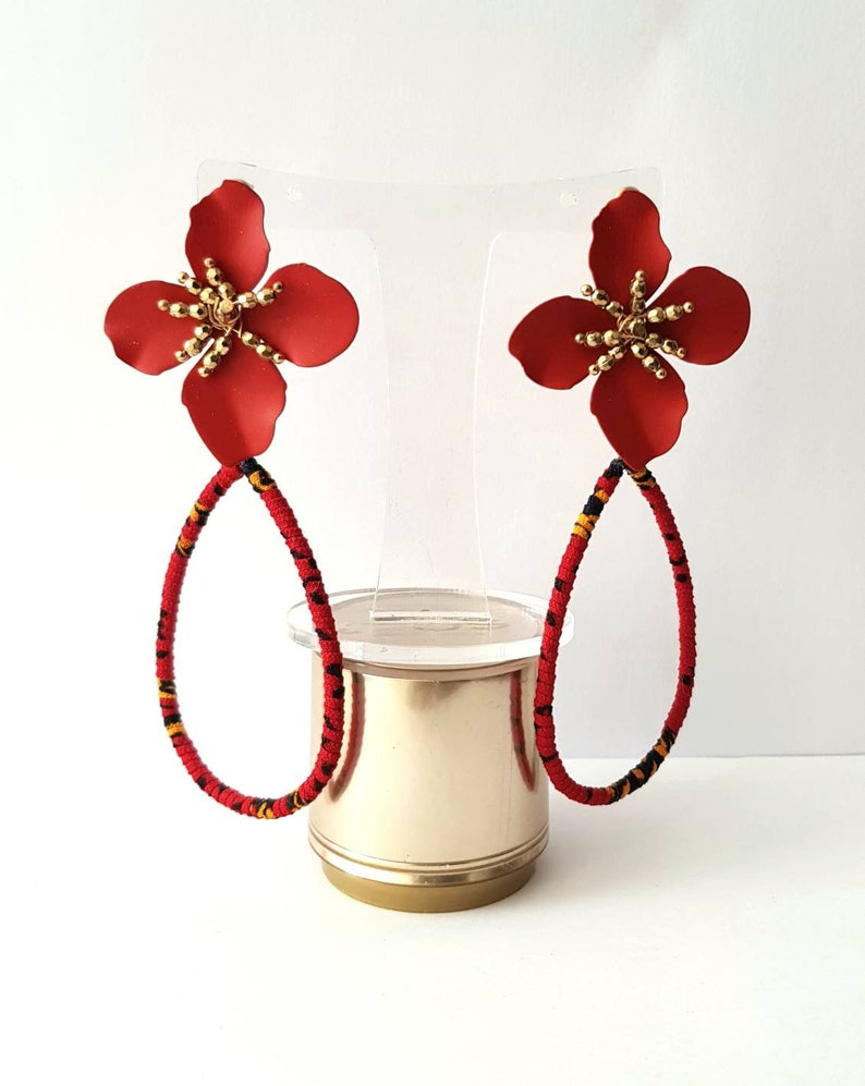 Wrapped African ankara fabric fashion statement flower petal dangle earrings
