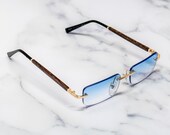 Vintage Wood Frame Rimless Sunglasses - Cartier Style Retro Buffs Gold Frameless Lens Pop Smoke Hip Hop Rapper Mens Glasses
