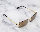 Vintage Gold Frame Rimless Sunglasses - Y2K Cartier Style Retro Rectangle Frameless Lens Pop Smoke Hip Hop Rapper Mens Womens Glasses