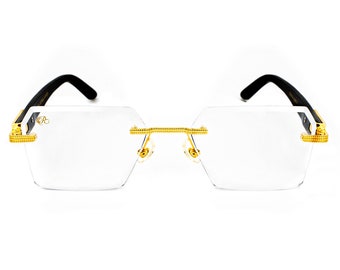 Rimless Fashion Glasses | Gold Metal, Rectangle Lens, Spring Hinge, Vintage Style Wood Buffs, Designer Men's Clear Lens Eyewear