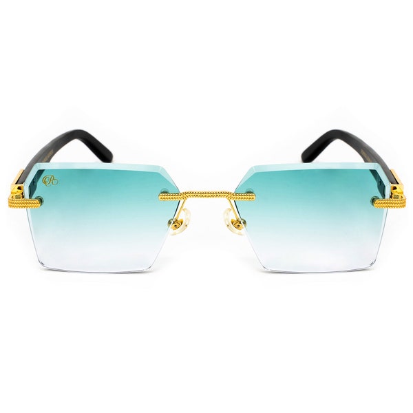 Blue Tint Rimless Sunglasses | Gold Metal, Rectangle Lens, Spring Hinge, Vintage Style Wood Buffs, Designer Men's Fashion Glasses