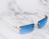 Vintage White Buffs Rimless Sunglasses - Cartier Style Retro Gold Frameless Lens Pop Smoke Hip Hop Rapper Mens Glasses
