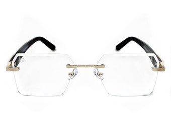 Rimless Fashion Glasses | Silver Metal, Rectangle Lens, Spring Hinge, Vintage Style Wood Buffs, Designer Men's Clear Lens Eyewear