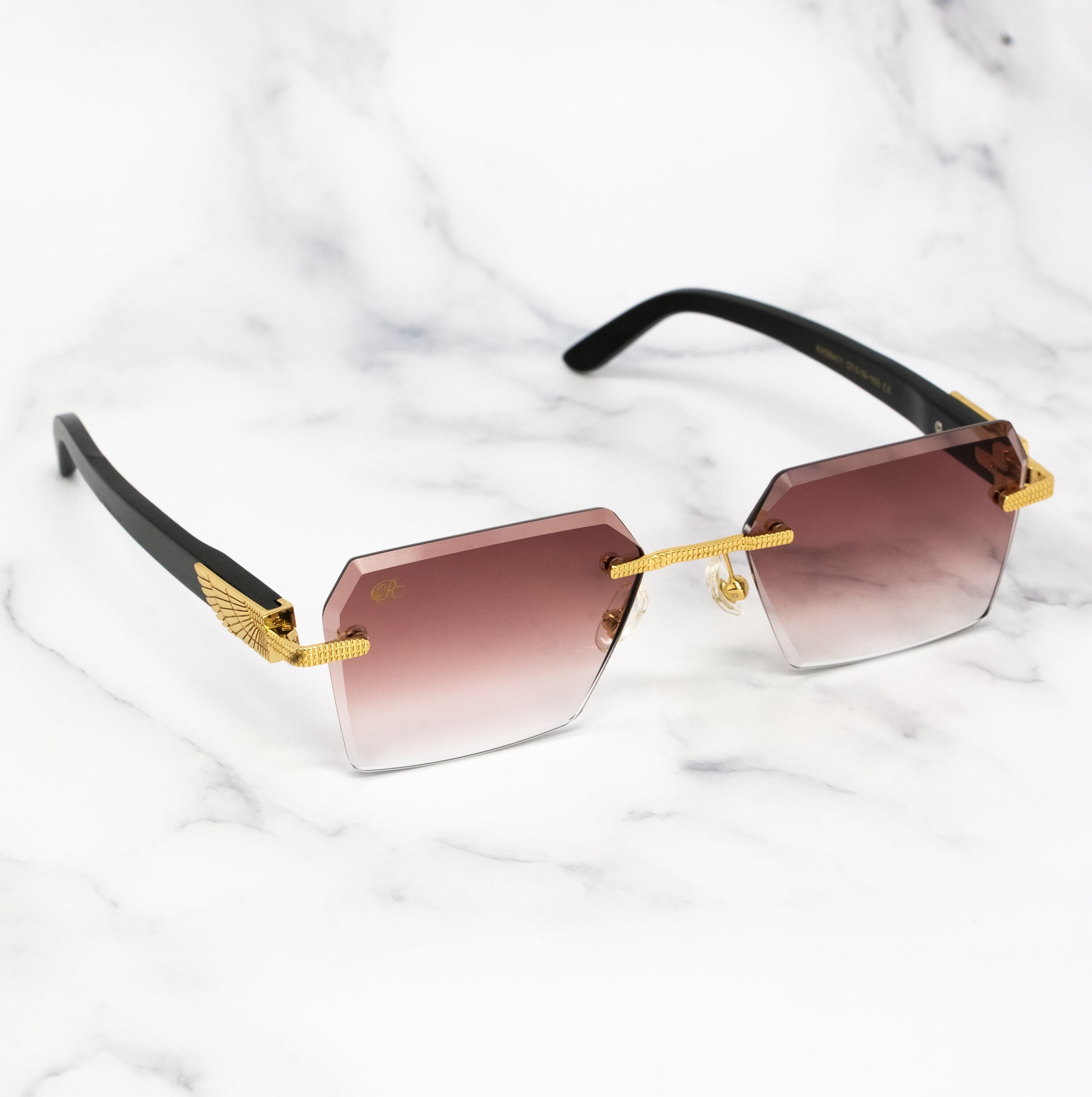 Luxury Rimless Sunglasses - Dark Red Tinted Vintage Style Retro Gold Frameless Lens Hip Hop Rapper Mens Womens Glasses