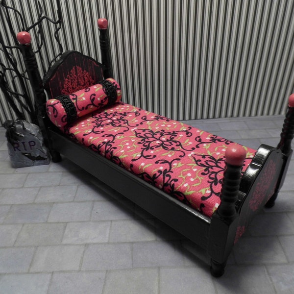 Miniature Single Bed Black & Deep Pink Halloween Haunted Gothic Miniature Single Bed Dollhouse Miniature Furniture