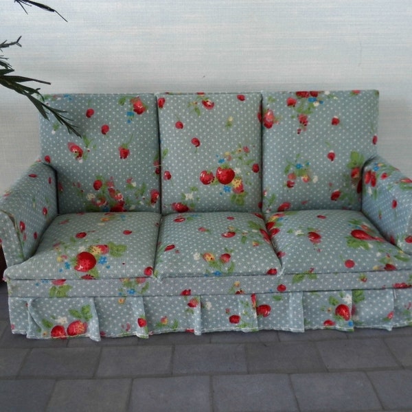 Cottage Chic Miniature Blue-gray Chintz Sofa Shabby Chic Dollhouse Couch Miniature Furniture 1:12