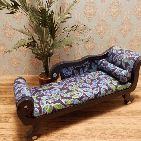 Miniature Petite Chaise Dark Blue & Green Fabric with Bolster Dollhouse Fainting Couch Settee Sofa Miniature Furniture