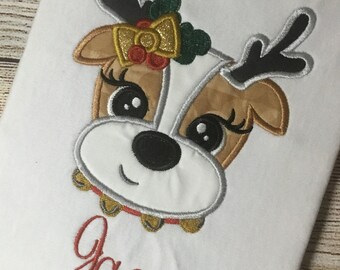 Personalized Girls Christmas Reindeer Embroidered Shirt