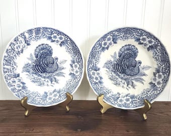 Può includere: Due piatti rotondi in ceramica con un motivo blu e bianco. Ogni piatto presenta un'illustrazione centrale di un tacchino circondata da un bordo dettagliato di fiori, foglie e bacche. I piatti poggiano su supporti color oro.