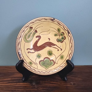 Vintage HUNTLEY 6.25" Redware RUNNING DEER Plate Bowl Wisconsin Pottery Primitive Folk Art