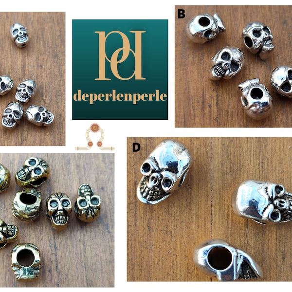 Perles de tête-de-mort en métal argenté ou doré