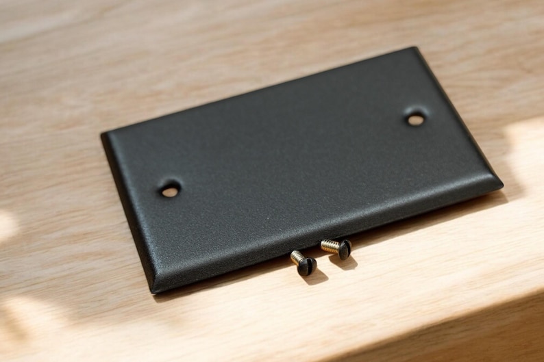 May include: A black metal wall plate with two screw holes and two screws. The plate is on a light wood surface.