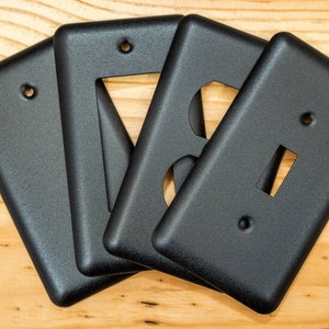 Rustic Black Cast powder coated Toggle, Rocker, Duplex, and Blank round corner metal switch plates