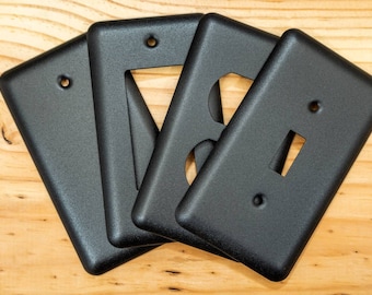 Rustic Black Cast powder coated Toggle, Rocker, Duplex, and Blank round corner metal switch plates