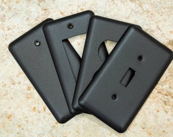Black Stone powder coated Toggle, Rocker, Duplex, and Blank round corner metal switch plates