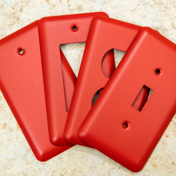 Matte Red texture powder coated metal round corner Toggle, Rocker, Duplex, and Blank wall switch plates.