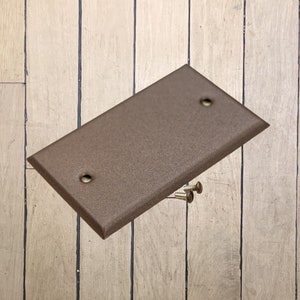 May include: A walnut brown metal wall plate with two screw holes. The plate is lying on a wood surface with two screws next to it.