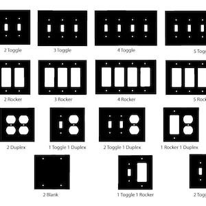 May include: A black and white illustration of various electrical outlet and switch plate covers. The covers are labeled with the number of toggles, rockers, duplexes, and coax connections they can accommodate.