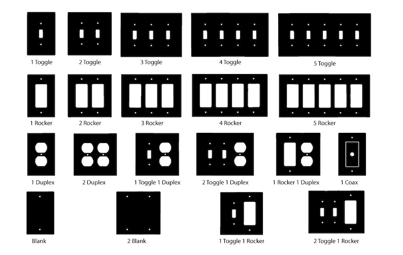 May include: A black and white illustration of various electrical outlet and switch plate covers. The covers are labeled with the number of toggles, rockers, duplexes, and coax connections they can accommodate.