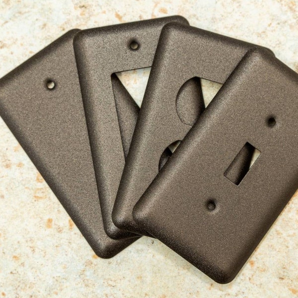 Oil Rubbed Bronze Cast powder coated Toggle, Rocker, Duplex, and Blank round corner metal switch plates