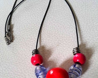 Handmade necklace with wooden, glass and metal beads