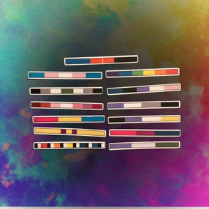 May include: A set of 10 colorful stripes with different patterns and colors. Each stripe is made of multiple colors and has a white outline. The stripes are arranged in a vertical column.