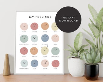 Peut inclure: Un tableau imprimable intitulé "Mes sentiments" avec une variété de cercles colorés représentant différentes expressions faciales. Chaque cercle est étiqueté avec un sentiment, comme "Heureux", "Excité", "Ennuyeux", "Triste", "Déçu", "Peureux", "Confus", "Malade", "En colère", "Jaloux", "Aimé", "Frustré", "Gêné", "Bête", "Fier", et "Fatigué".