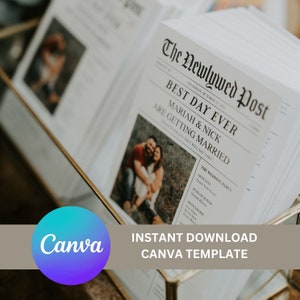 May include: A printable wedding announcement template in the style of a newspaper with the headline "The Newlywed Post" and the text "Best Day Ever Mariah & Nick Are Getting Married".