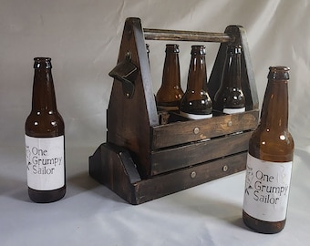 Handcrafted Wooden Beer Caddy: Rustic Craft Beer Tote with Bottle Opener