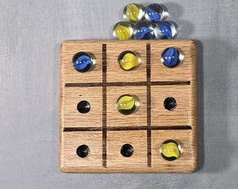 Hand Held Oak Tic-Tac-Toe – with Glass Marbles | Rustic Family Game | Gift for Kids & Adults