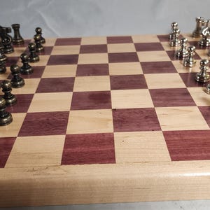 Chess Set | Handcrafted Board | Purpleheart & Maple | Metal Pieces | 19&quot;x19&quot; Board
