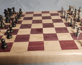 Chess Set | Handcrafted Board | Purpleheart & Maple | Metal Pieces | 19"x19" Board
