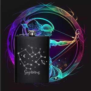 May include: Black stainless steel flask featuring a Sagittarius constellation design and the word "Sagittarius" engraved on the front. The flask is positioned against a colourful background depicting the Sagittarius zodiac symbol.