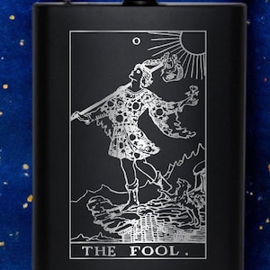 Mystique in a Hip Flask | Engraved | One of the First 9 Cards of the Tarot | 8 oz | Stainless Steel