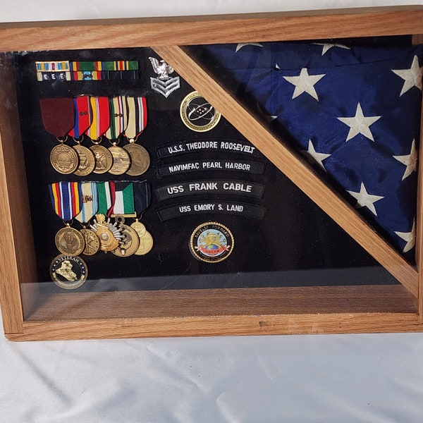 Shadow Box | Awards Display | Memorabilia Display Case | Commemorative Keepsake Holder | Handcrafted Red Oak | Military