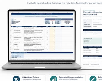 May include: An RFP Go / No-Go Decision Toolkit featuring a laptop displaying an Excel scorecard, a printed Executive Opportunity Decision Brief, and a Quick Start Guide. The documents include sections for weighted criteria, scoring, and decision summaries.
