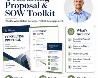 May include: A Consulting Proposal & SOW Toolkit featuring a document set with a Consulting Proposal, Statement of Work, and Quick Start Guide. The materials include editable Word templates, a client-ready structure, and a quality checklist.